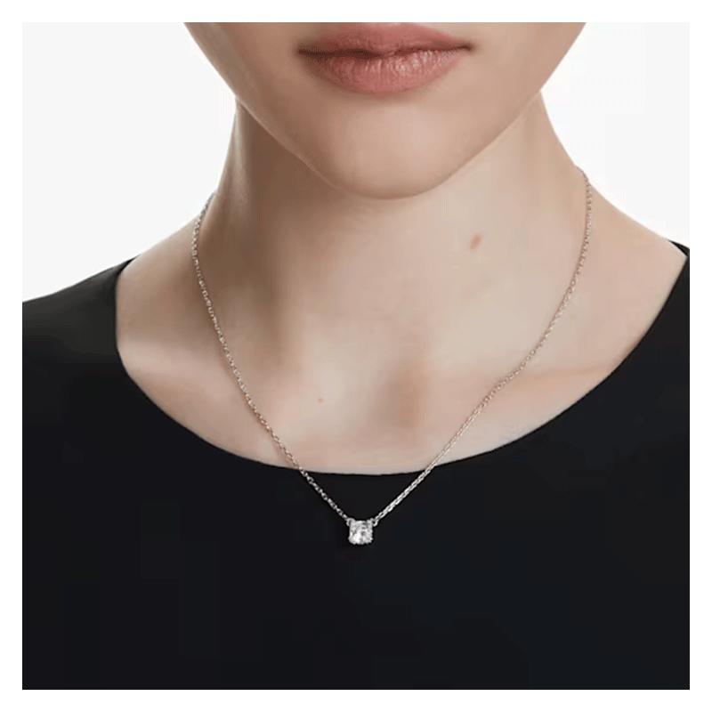 Swarovski Stilla Attract Square Synthetic Cubic Zirconia Pendant Rhodium Plated Necklace Women's Silver 5701903
