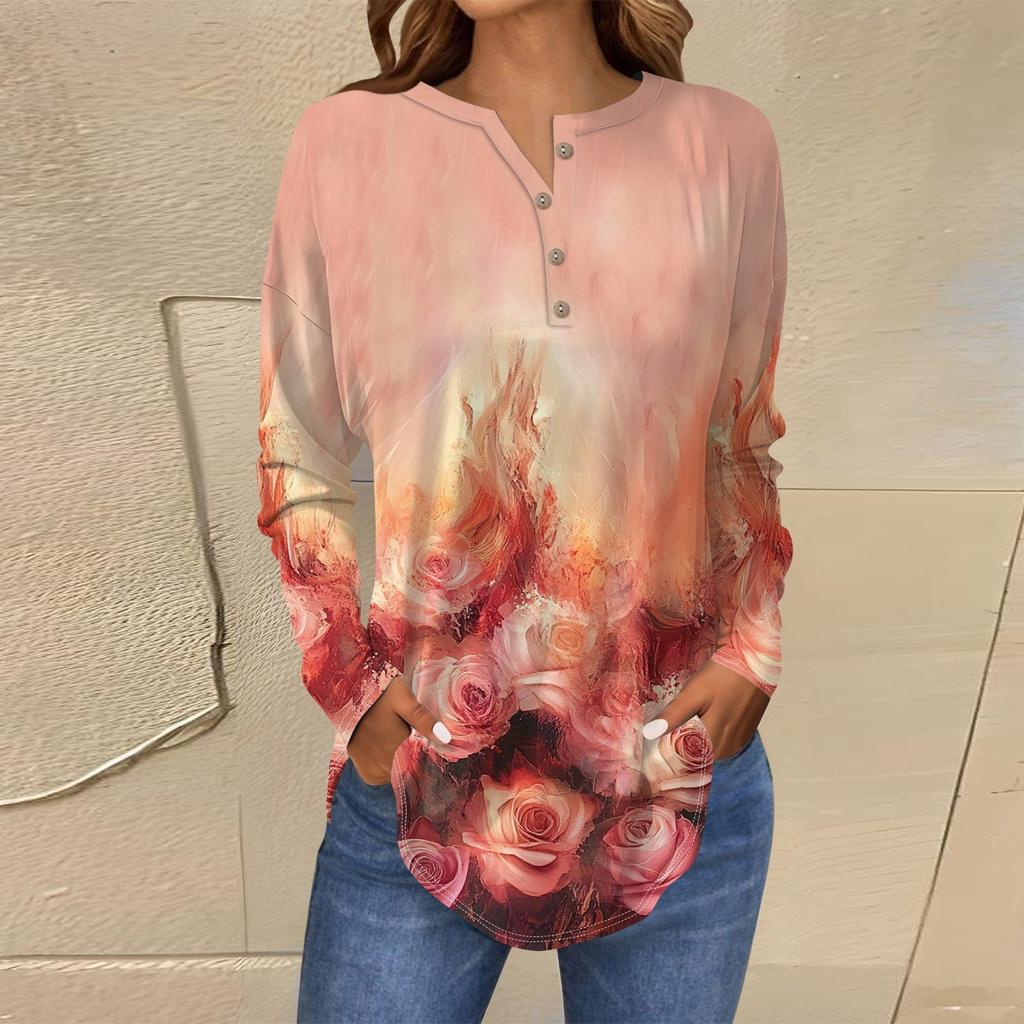 Футболки для женщин, осенние повседневные рубашки с длинным рукавом на пуговицах, толстовка с винтажным принтом, топ, пуловер