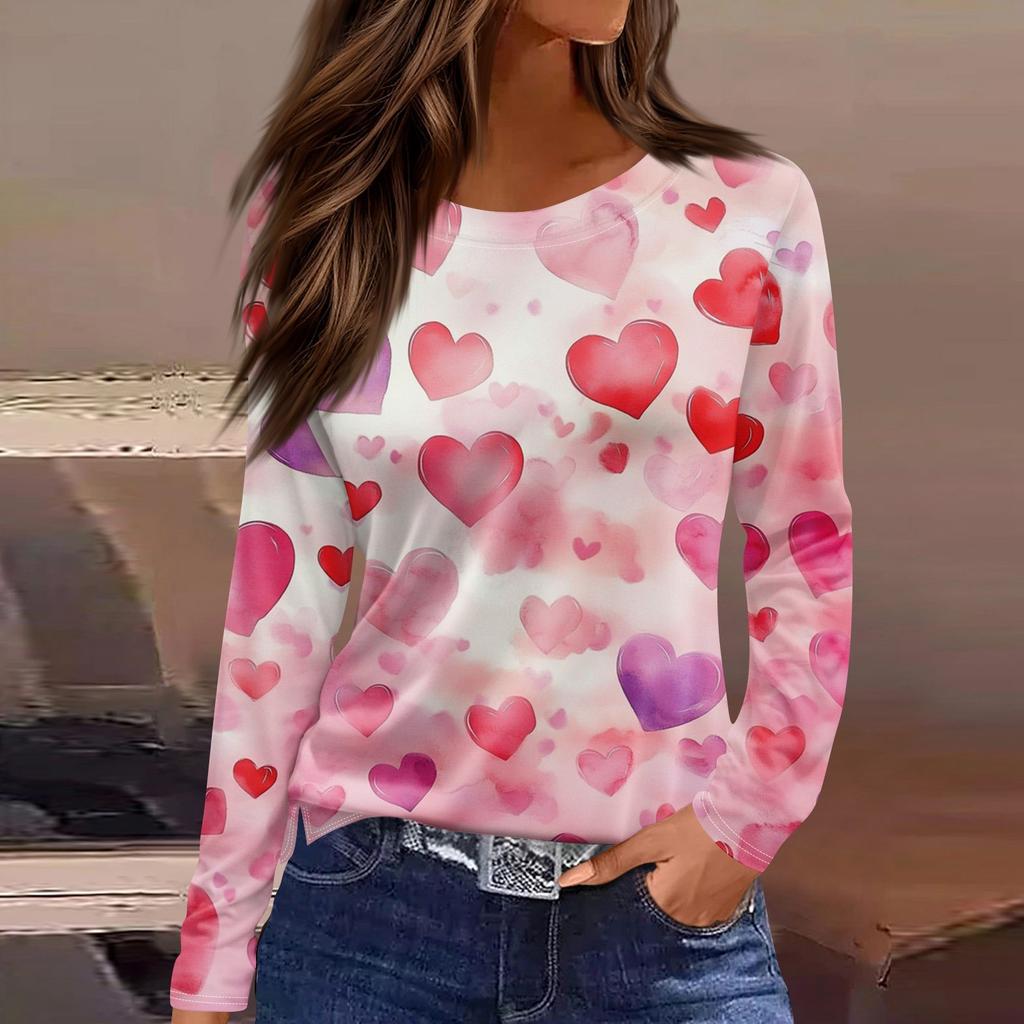 Women's Fashion Valentine's Day Printed Round Neck Casual Long Sleeve Top