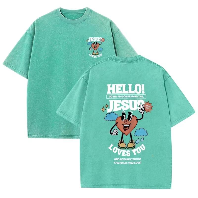 Винтажная стираная двусторонняя футболка Мультяшное сердце Jesus LovesYou Принт с буквами Оверсайз Христианская вера Короткий рукав Футболка Азиатский размер