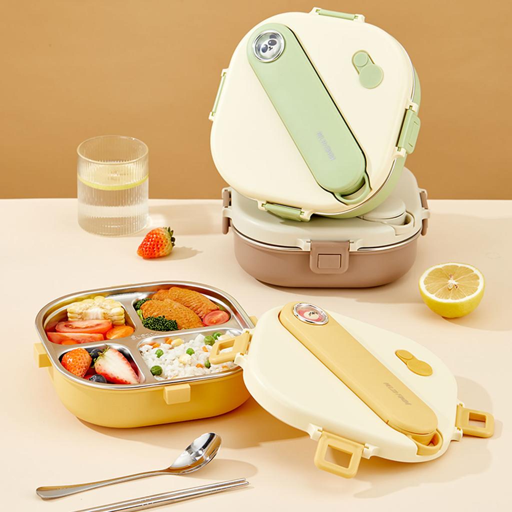 800Ml 304 Stainless Steel Divided Lunch Box With Cutlery Microwave 3/4 Grids Leak Proof Large Capacity Lunch Container