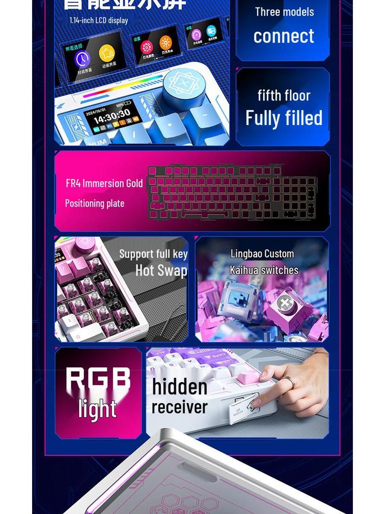 LingBao K98Pro Tri-Mode Customizable Keyboard with Screen, RGB Lighting, Hot-Swappable for Gaming, Office, Desktop, and Laptop.