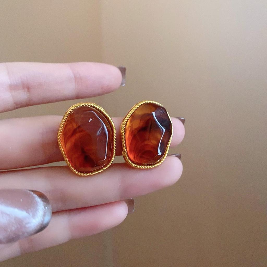 Серьги-пусеты неправильной формы коричневого цвета 'Серебряная игла' - Французская легкая роскошь, ретро, нишевые, высококлассные украшения для женщин.