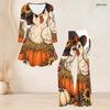 Women Plus Size White V Neck Three Quarter Sleeve Halloween Ghost Printed Flared Top Flared Pants Two Piece Set