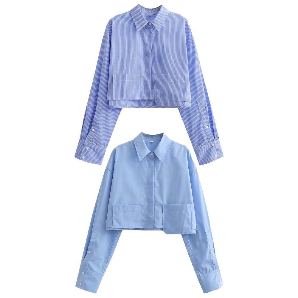 Striped Women's Cropped Shirt With Pockets Vintage Button-up Blouses Fashion   Travel