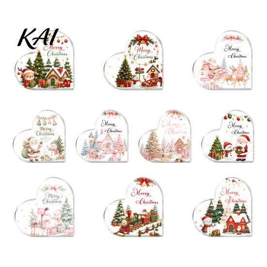 Santa Claus Desktop Ornaments Heart Shaped Acrylic Christmas Tabletop Sign, 2D Winter Snow Scene Ornament Festive Fireplace Display with Santa,