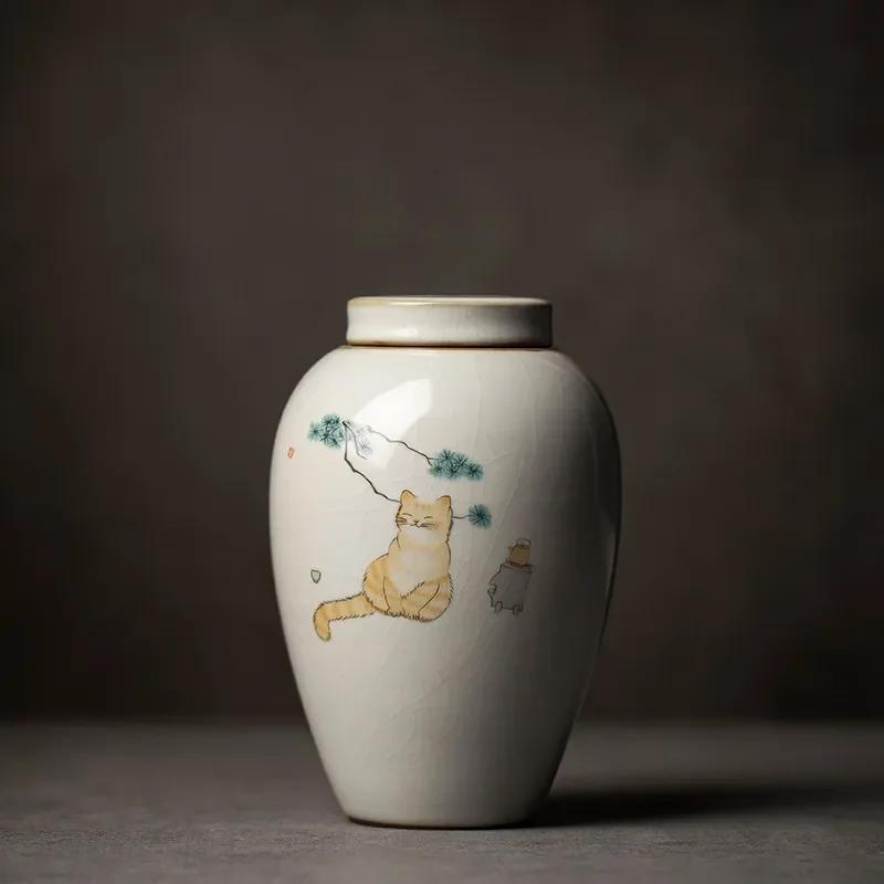 Ретро-керамическая чайная кабина Ru Kiln с милым рисунком кошки, переносная герметичная упаковка для чайных листьев, дорожная коробка для хранения чайных пакетиков, органайзер для специй