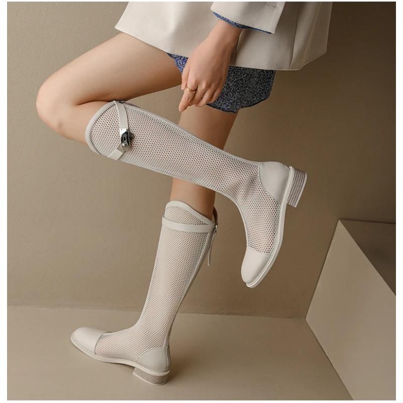 V-mouth Summer Mesh High Boots Women's Breathable Mesh Net Knight Boots Thick Bottom Hollow But Knee Long Cool Boots