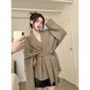 Large Size French Advanced V-neck Cardigan Coat Women's Spring and Autumn Lazy Wind Waist Binding Chunky Sweater Top