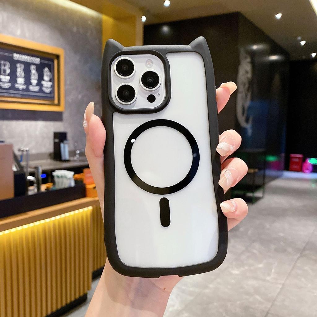 Магнитная присоска Cat Ear подходит для Apple 16Pro Чехол для мобильного телефона Прозрачный Iphone15 Силиконовый Акриловый Противоударный Жесткий I14