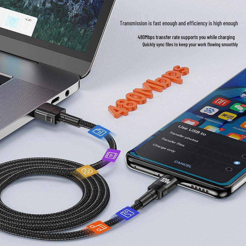 Сверхбыстрый кабель Type-C 120 Вт, Быстрая зарядка 6 А, Совместим с Apple 15/16, Huawei, Vivo, Oppo