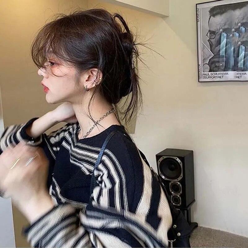 Полосатый вязаный свитер, женский винтажный свободный пуловер, полосатый топ с круглым вырезом и длинными рукавами, уличный трикотаж, Sueter Mujer, джемпер, весна-осень