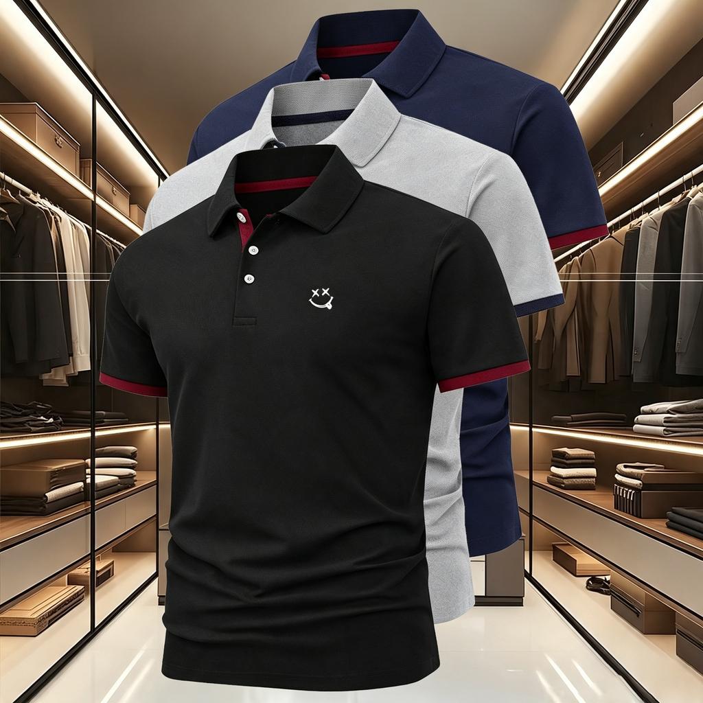 Men's 3Pack Set Short-Sleeve Polo Shirt with 3Button,2Tone Cuffs Moisture-Wicking Ideal for Golf, Commuting, and Casual Wear