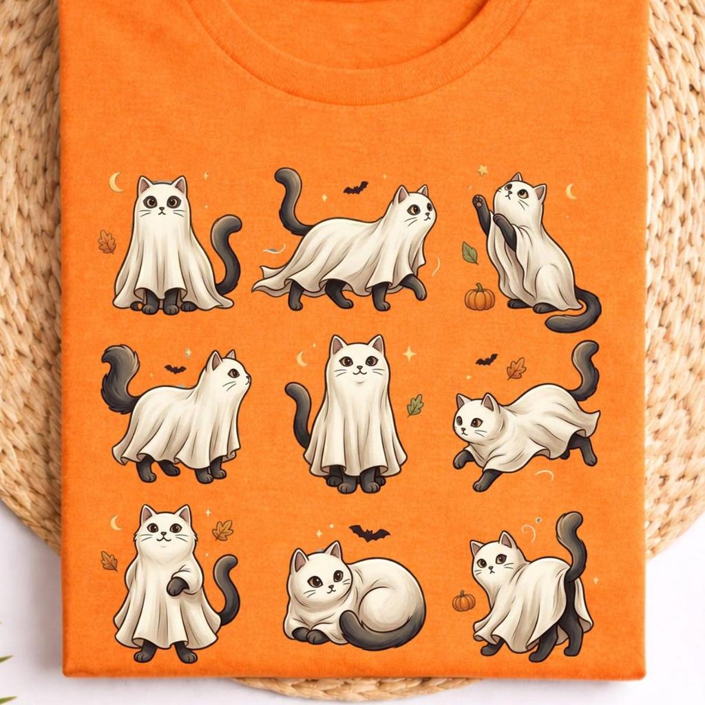 Halloween ghost cats shirt, kawaii cat tee with pumpkins and bats, unisex fit