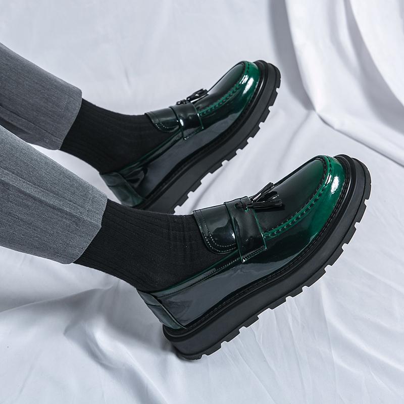 Thick Bottom Men's Business Patent Leather Shoes Slip-on Tassel Shoes Student Shoes Office Loafers Black Shoes Kerae