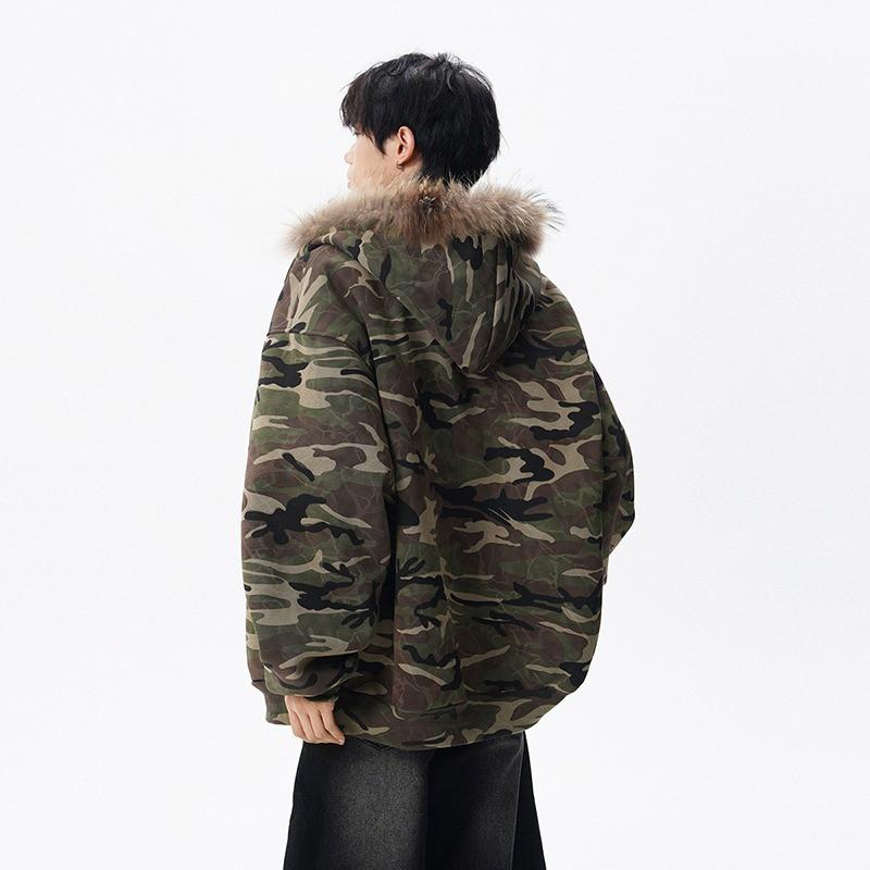 Mens Camo Hooded Jacket Oversize Workwear Style Casual Outerwear Winter