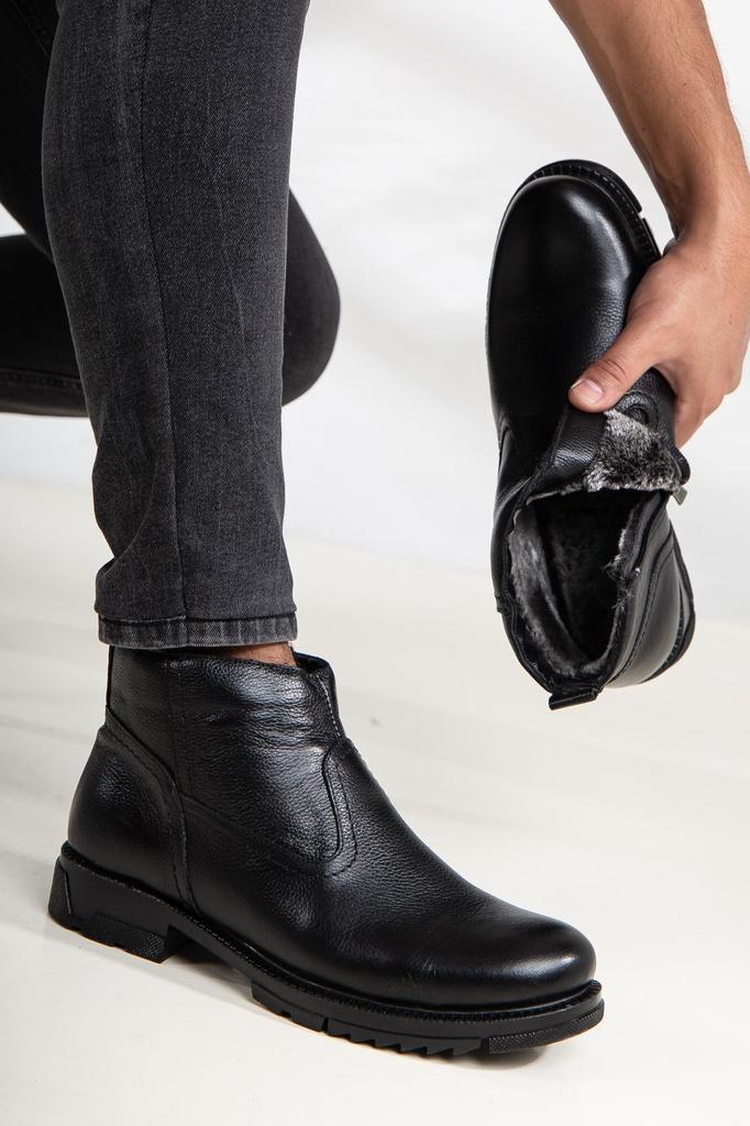 Men's Fashion Genuine Leather Thick Heeled Booties Furry Cold Proof Casual Boots Shoes