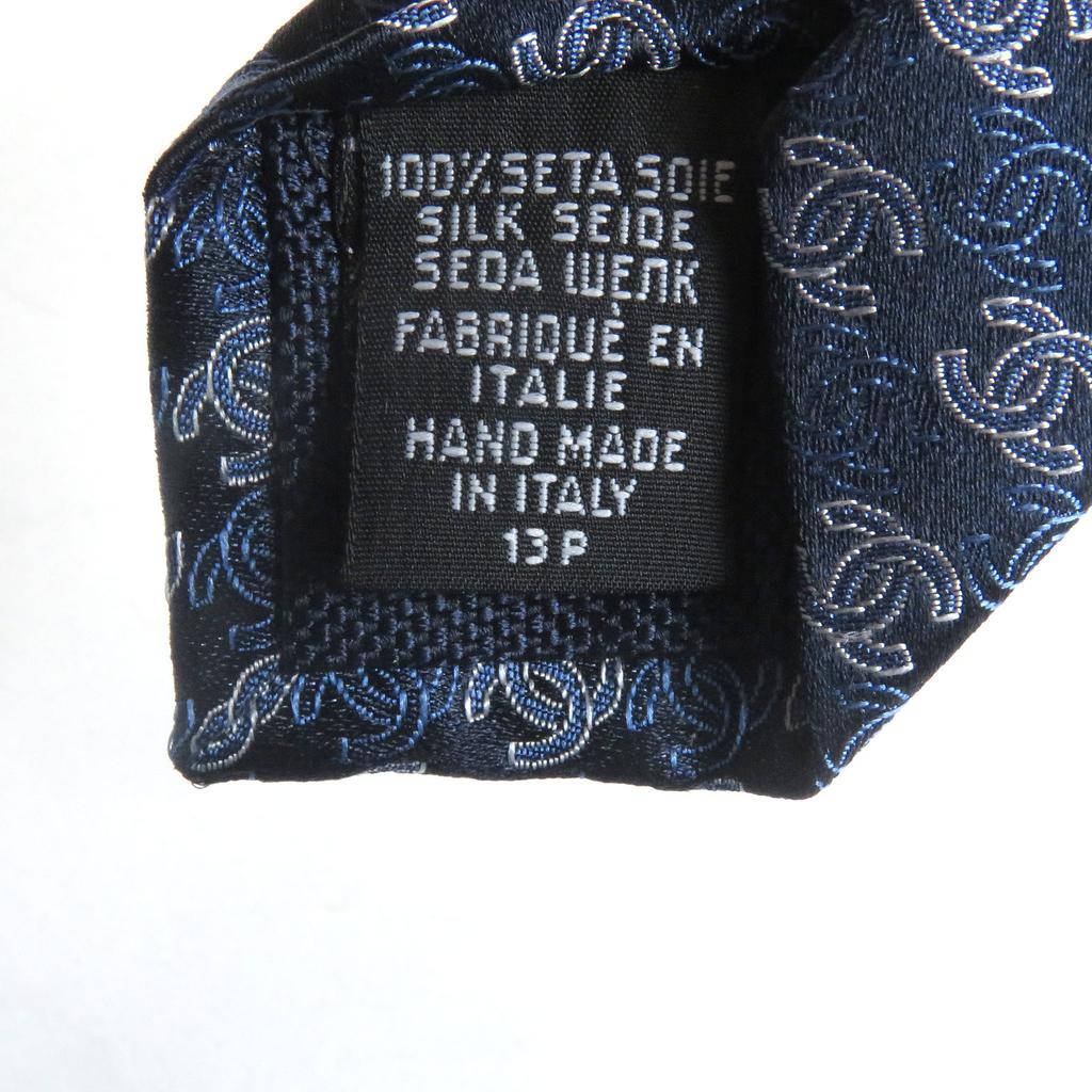 Отличный галстук CHANEL COCO Mark принт по всей поверхности широкий галстук Темно-синий шелк мужской Б/У