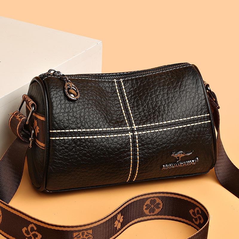 Head Layer Cowhide Women's Shoulder Bag, Casual Splicing Leather Crossbody Bag, Wide Shoulder Strap Embroidered Thread Cylindrical Bag