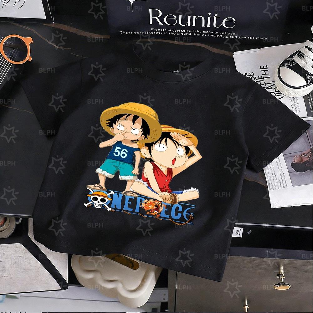 Cute One Piece Luffy Kids T-Shirt, Classic Anime Character Design, Comfortable Cotton Summer Tee for Boys and Girls