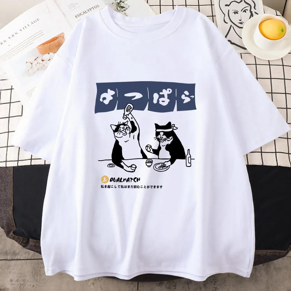 Women Tshirt Streetwear Japanese Harajuku Funny Drinking Cat T-Shirt 100% Cotton Summer Cartoon T Shirt Unisex Hip Hop Tops Tees