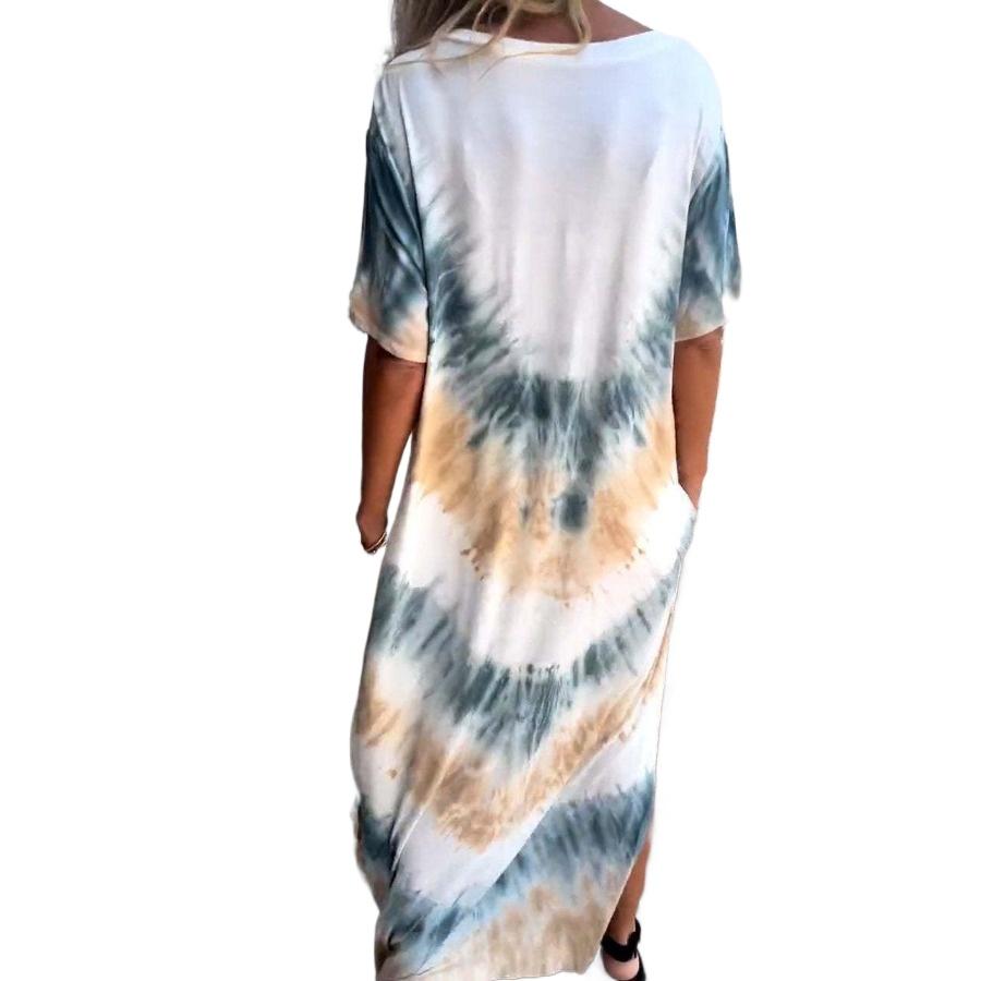 Casual Beach Maxi Tie Dye Printed Dresses Women's Spring Summer Short Sleeve V-neck Plus Size Long Dress
