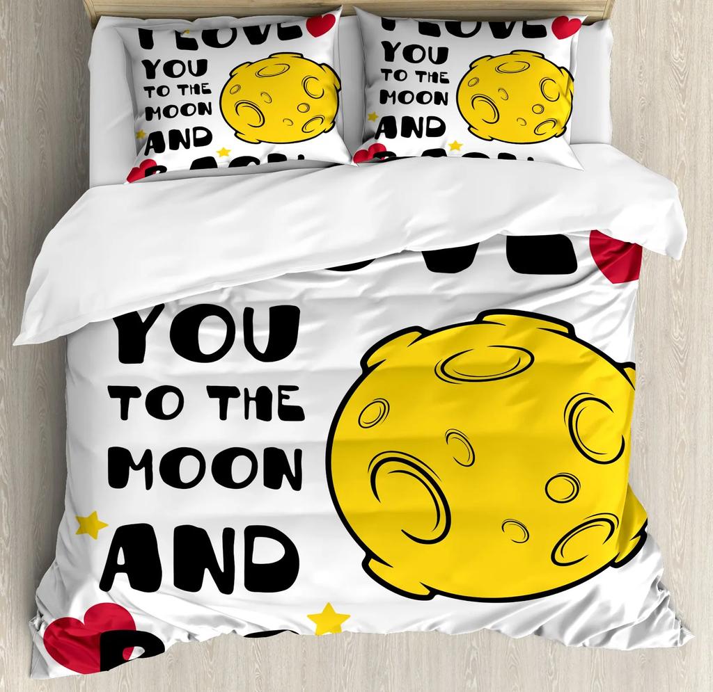 I Love You Duvet Cover Hand Drawn I Love You To The Moon and Back Words with Stars Celebration King Size Polyester Bedding Set