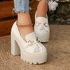 Женские туфли на высоком каблуке Мэри Джейн Ретро Банты Элегантный Массивный каблук Женские Свадебные туфли Модные Белые Туфли с круглым носком на платформе Сандалии