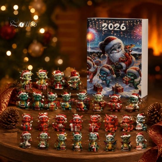 Уникальные рождественские сувениры Дракон Адвент-календари 2026, Календарь обратного отсчета на 24 дня с 2D акриловыми украшениями, Коллекционные фигурки для елки, домашнего декора