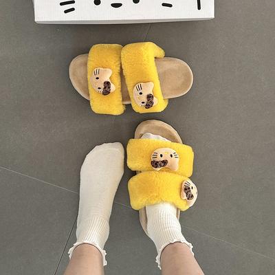 Милое мультяшное слово с кошкой KT, тапочки-шлепанцы на плоской подошве для женщин, осень-зима 2025, замшевые комнатные тапочки для дома на толстой подошве