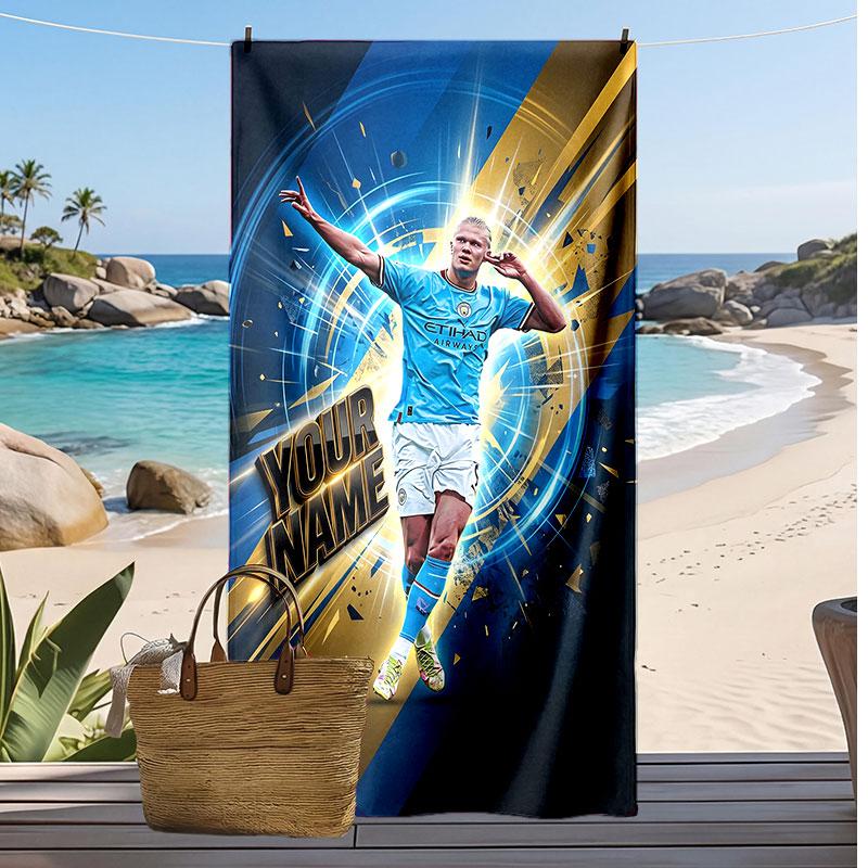 Erling Haaland Personalized Printed Beach Towel Soccer Logo Support Custom Name Text Absorbent Towel For Sport Travel Special Gift
