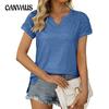Summer Women's T-shirt V Neckline Drawstring Hem Split Short Sleeve T-shirt