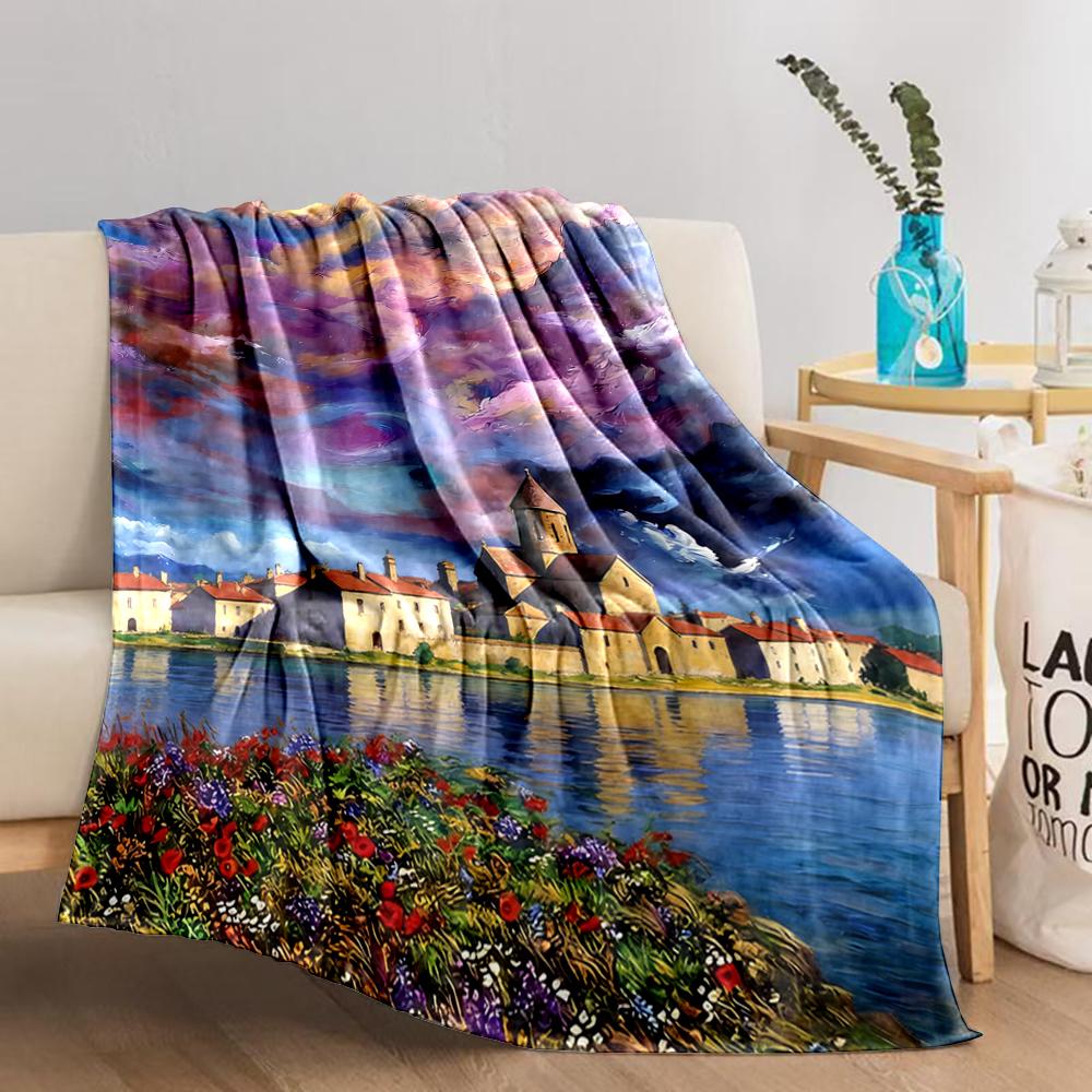 Colorful Landscape blanket with Village, Sky, and Floral Pattern blanket, suitable for use in the bedroom, living room, on the sofa