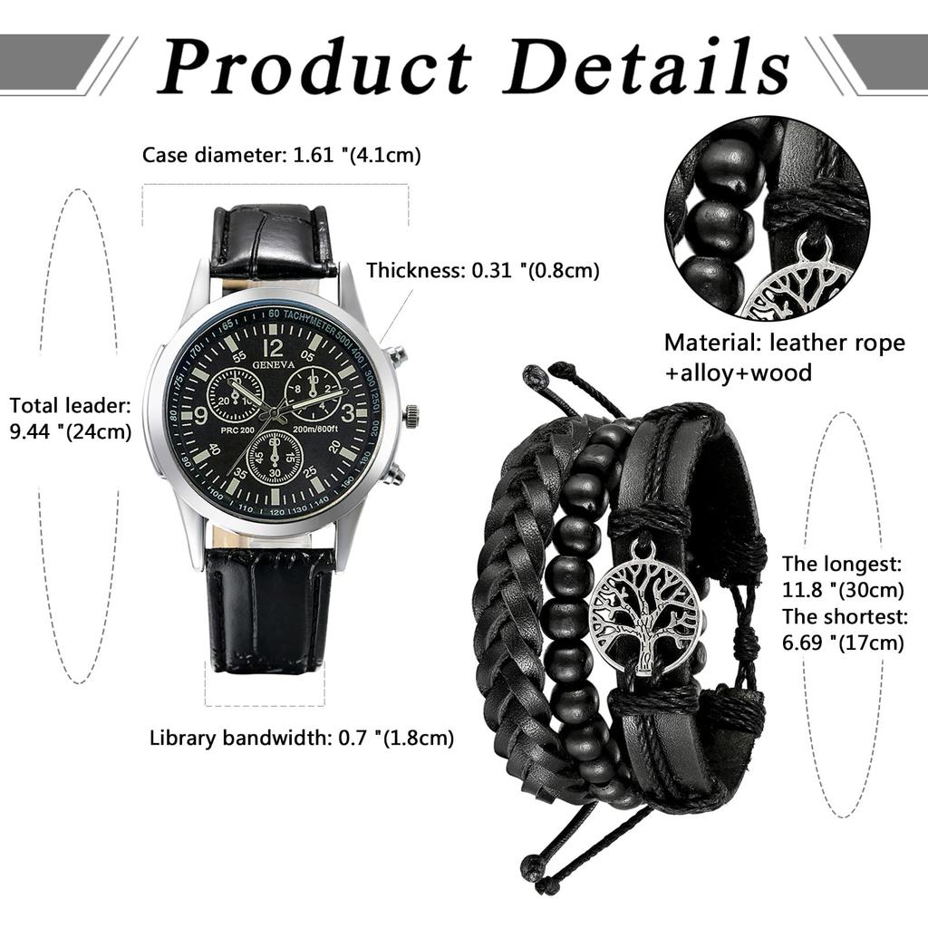Крутой кожаный браслет, черный браслет Lucky Tree, многослойный, водонепроницаемый, кварцевый, электронный, сделанный в Японии, набор из 2 часов, подарок на Рождество для сына