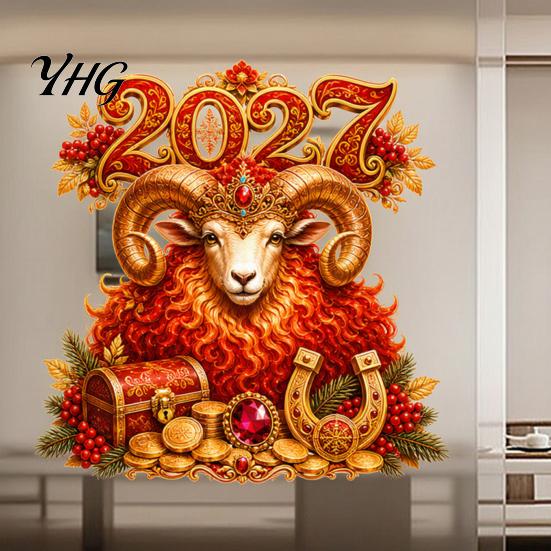 Съемные Статичные Наклейки 2027 Новый Год Наклейки на Окно, Красно-Золотые Знаки Зодиака Овца Наклейки Китайские Стеклянные Наклейки для Дверей, Без Клея