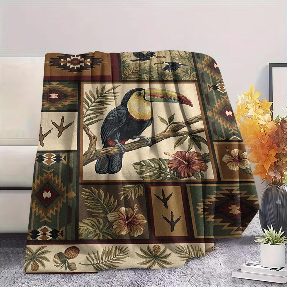 1PC Cute Toucan Art Print FlAannel Blanket, High quality Comfortable for All Seasons, Home Decor, Warmth and Comfort
