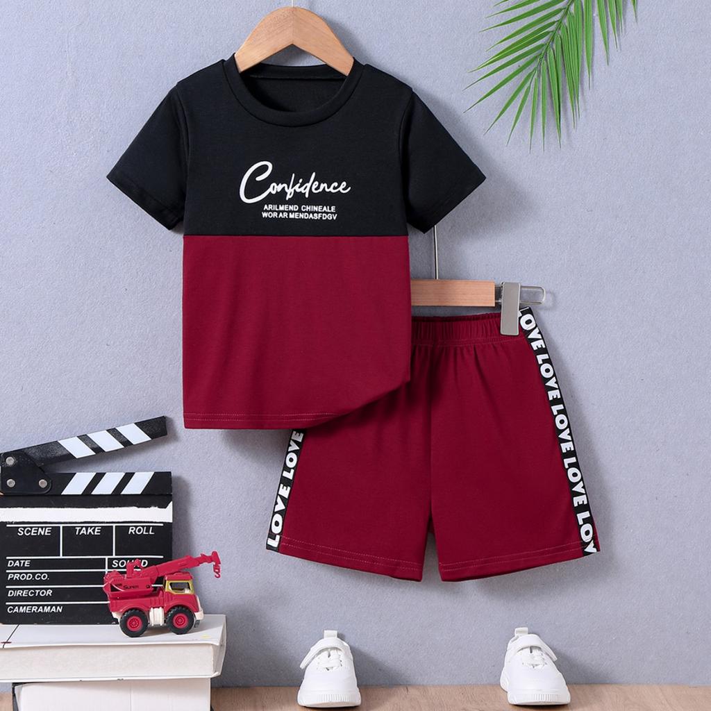 Directional Hot-Selling Boys' Patchwork Color Letter Print Loose Short-Sleeved Shorts Suit Casual Style