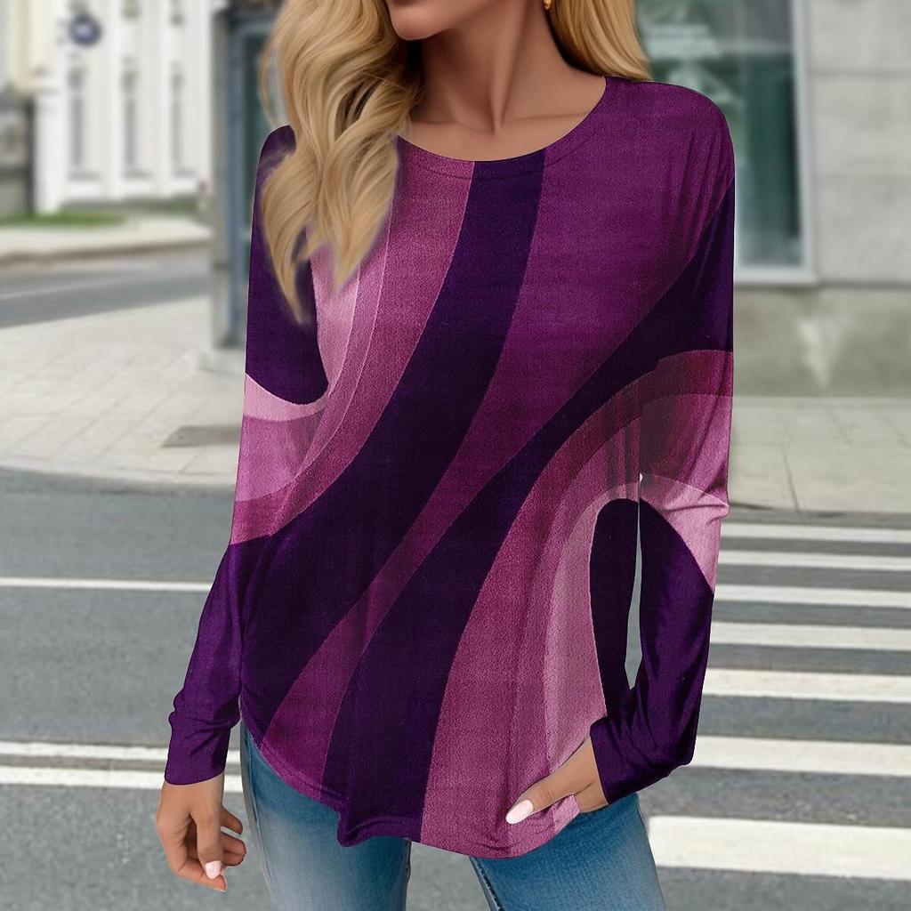 Women Geometric Print Winter Cotton T Shirt Contrast Vintage Long Sleeve Printed Loose Shirts Top Spring Autumn Elegant Lady Tee