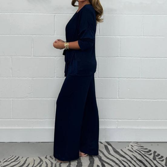 2 шт./комплект женский топ брюки костюм круглый вырез длинный рукав шнуровка