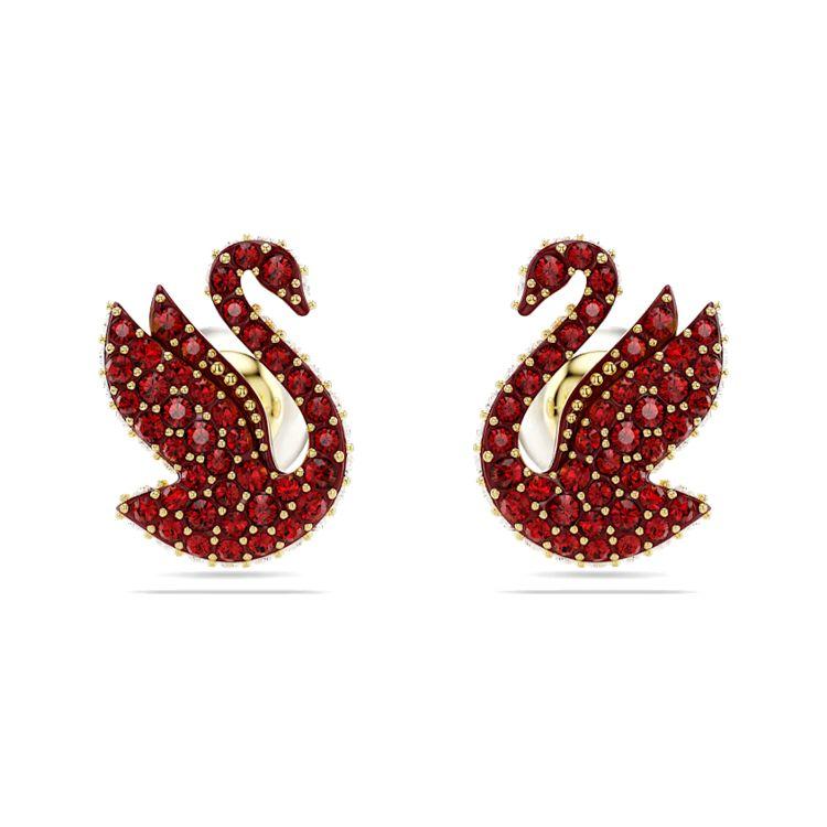 Swarovski Серьги с имитацией жемчуга и кристаллами, покрытие золото, декор в виде лебедя, женские, красные 5677597