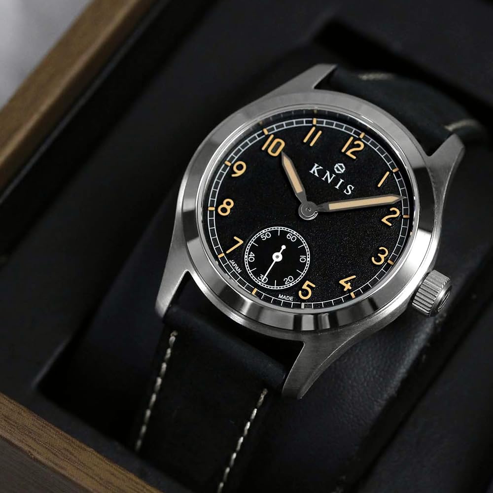 Часы KNIS Varnish Made in Japan с ретро-ремешком, сапфировым стеклом, водонепроницаемостью 10 АТМ, черным циферблатом, черной кожей, мужские KN003-BKBKLE