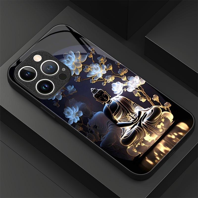 Lotus Creative Buddha Statue Tempered Glass Black Phone Case For iPhone 17 16 15 14 13 12 11 Pro Max 17 Air 7 Plus XS X XR Cover