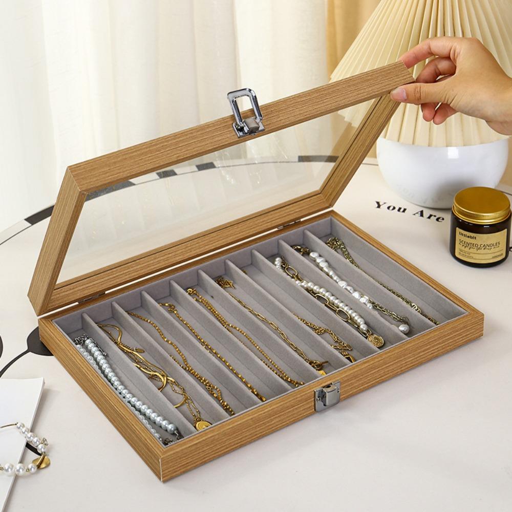 Velvet Fabric Jewelry Storage Tray Wooden Solid Color Long Necklace Box Large Capacity Glass Lid Necklace Organizer Container