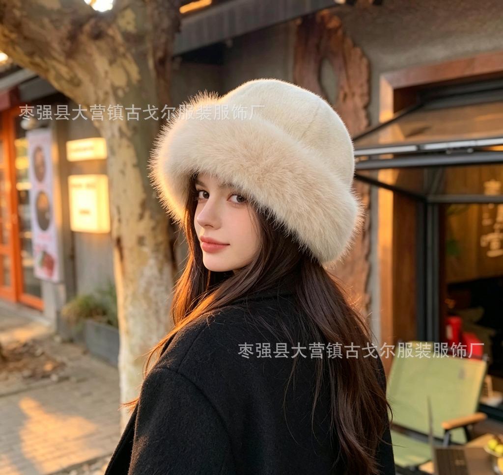Autumn and winter imitation mink hat women's winter high sense versatile plush bucket hat big head circumference warm ear protection Mongolian hat
