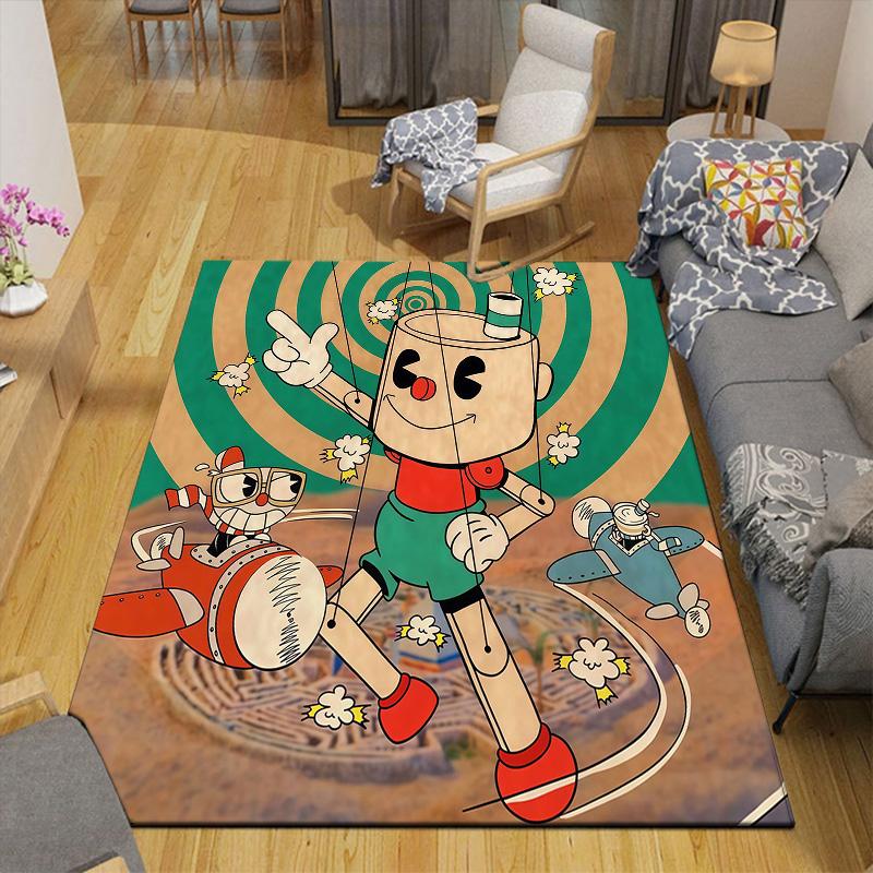 Cuphead & Mugman Flannel Pattern Square Carpet,Area Rug,Carpet Rug for Living Room Bedroom Sofa Playroom Decor,Non-slip Floor Mat
