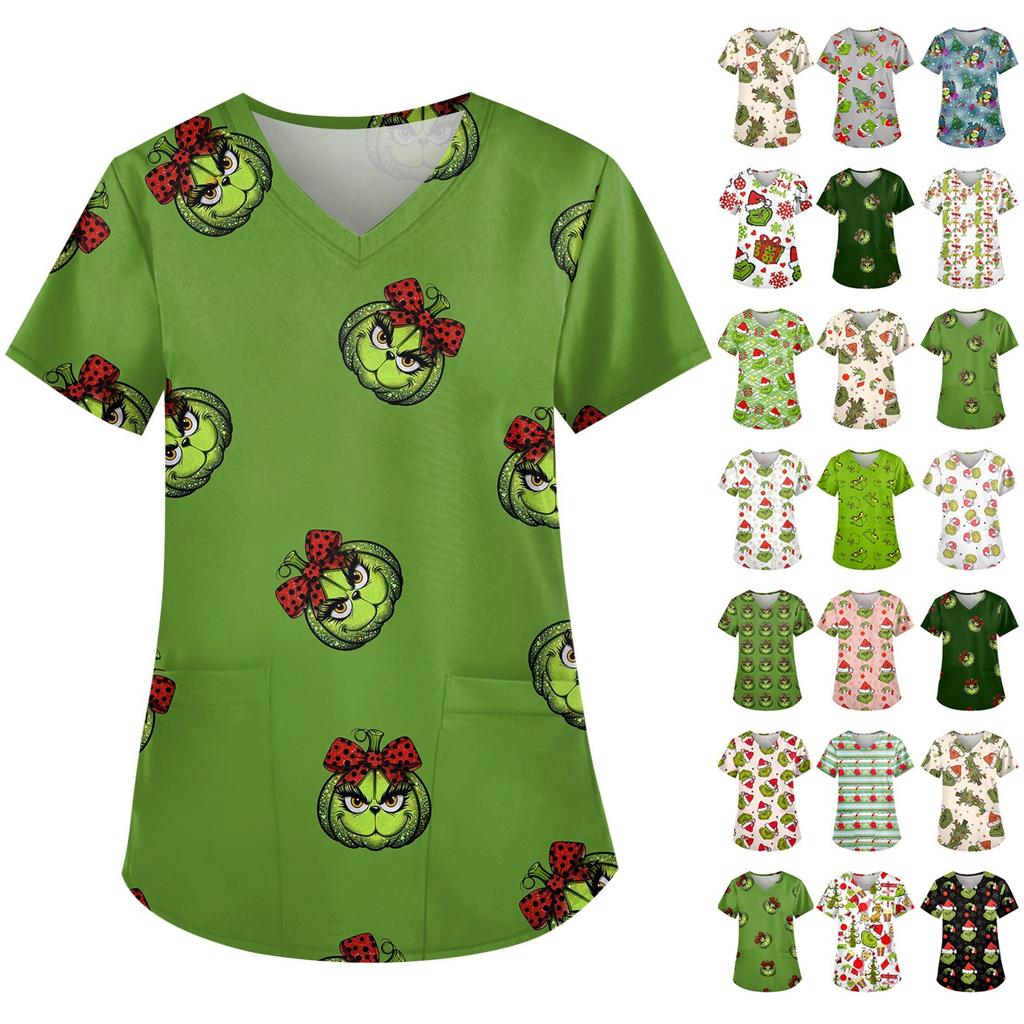 Женская симпатичная рабочая одежда с принтом, V-образным вырезом, двухслойными карманами, базовым коротким рукавом, пуловером на Рождество