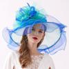 New Women Elegant Summer Organza Hat Bow Flower Sun Hat Wide Brim Fascinator Wedding Headwear Female Derby Travel Event Chapeau