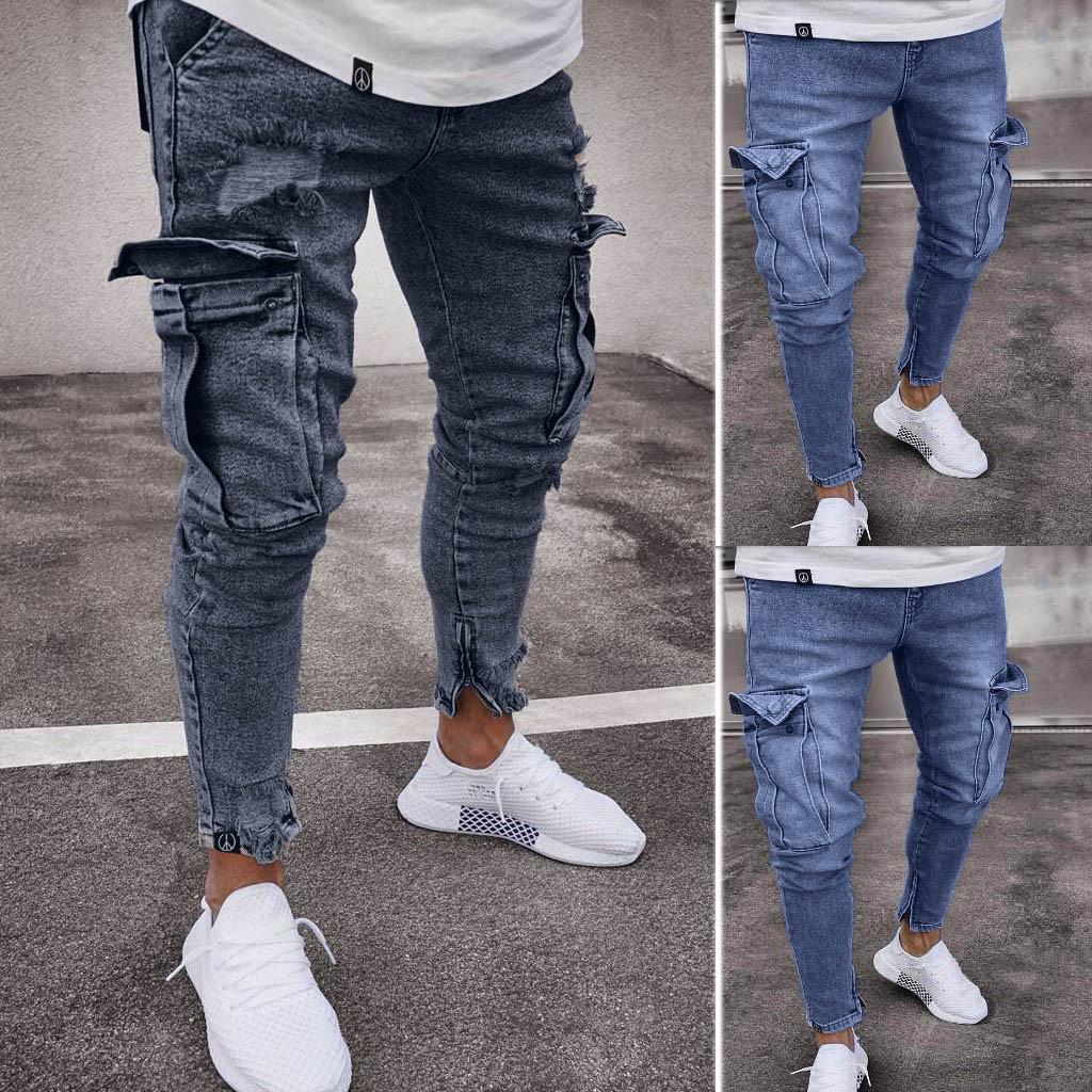 MakeWishes Denimi Мужские модные повседневные брюки на молнии с карманами Slim Fit из растрепанных джинсовых длинных джинсовых брюк