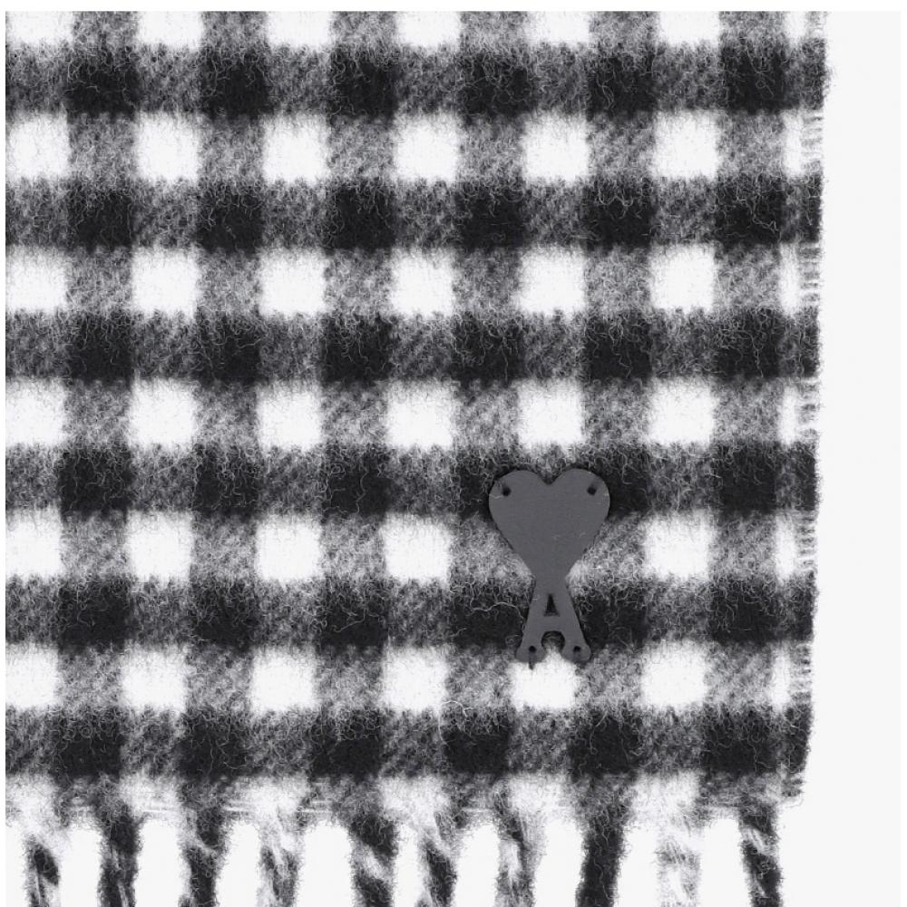 Ami Dr Le De Monsieur Heart Logo Leather Patch Fringe Check Scarf Usf699 Aw0059