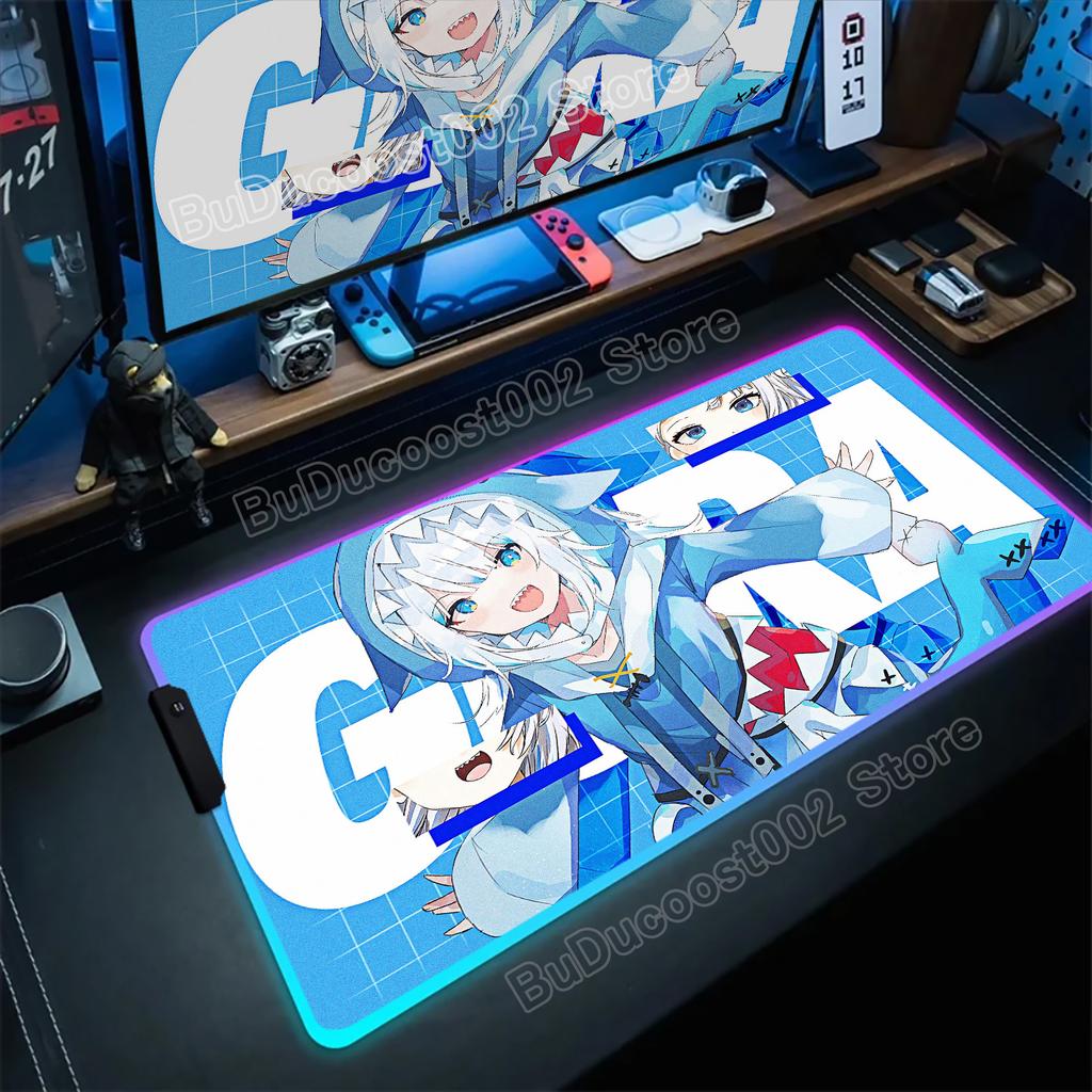 Hololive Gawr Gura RGB Коврик для мыши Светящийся Большой Коврик для компьютерной мыши Аксессуары XXL Для ПК Геймера HD Нескользящий Настольный коврик Коврик для мыши Клавиатура